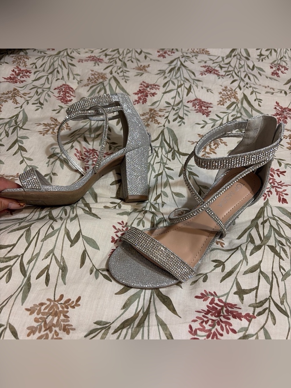TOP Moda Silver Glitter Block Heel Sandals with Rhinestone Straps
